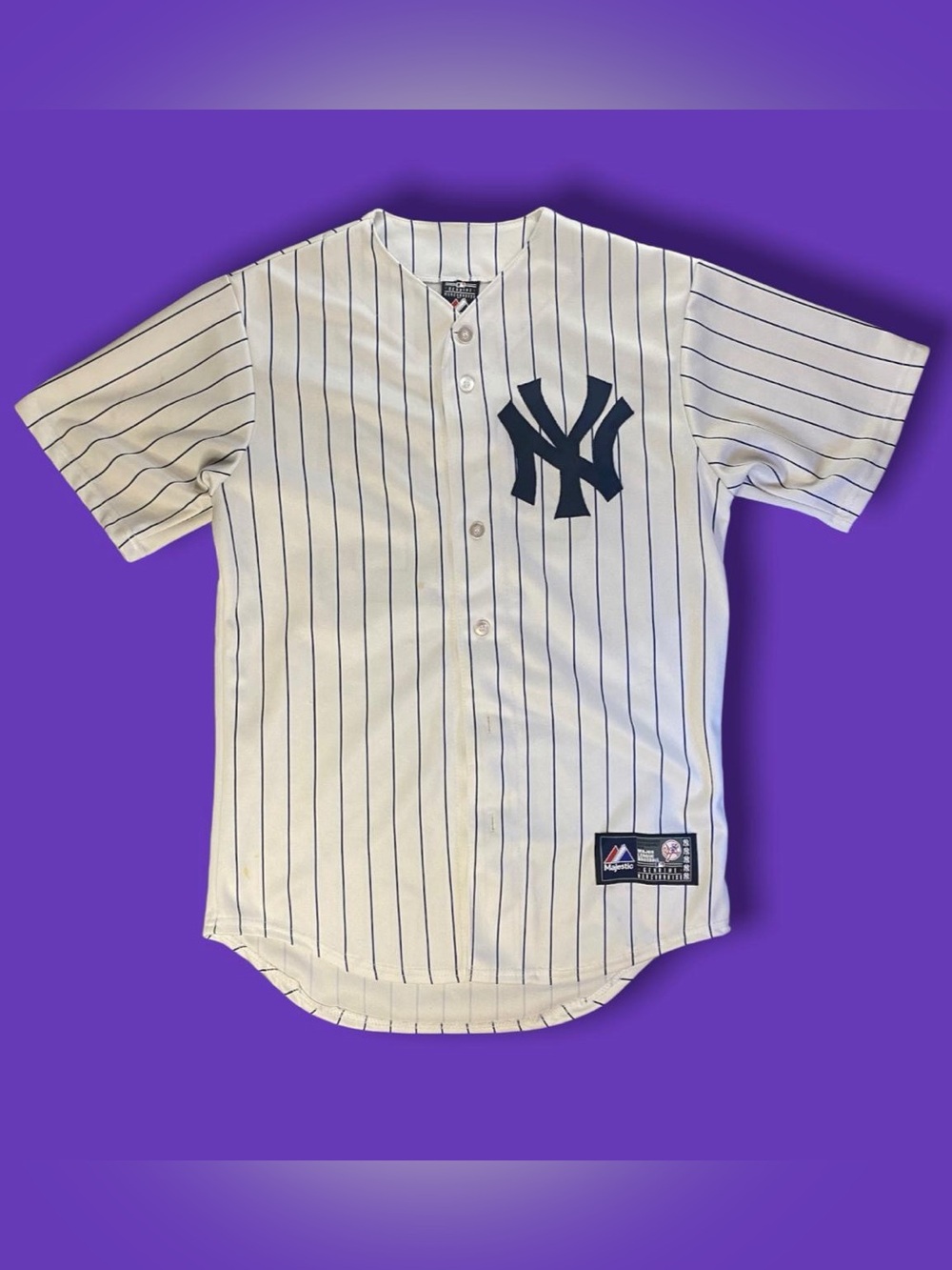 Majestic White Pinstripe Baseball Jersey with Navy Logo